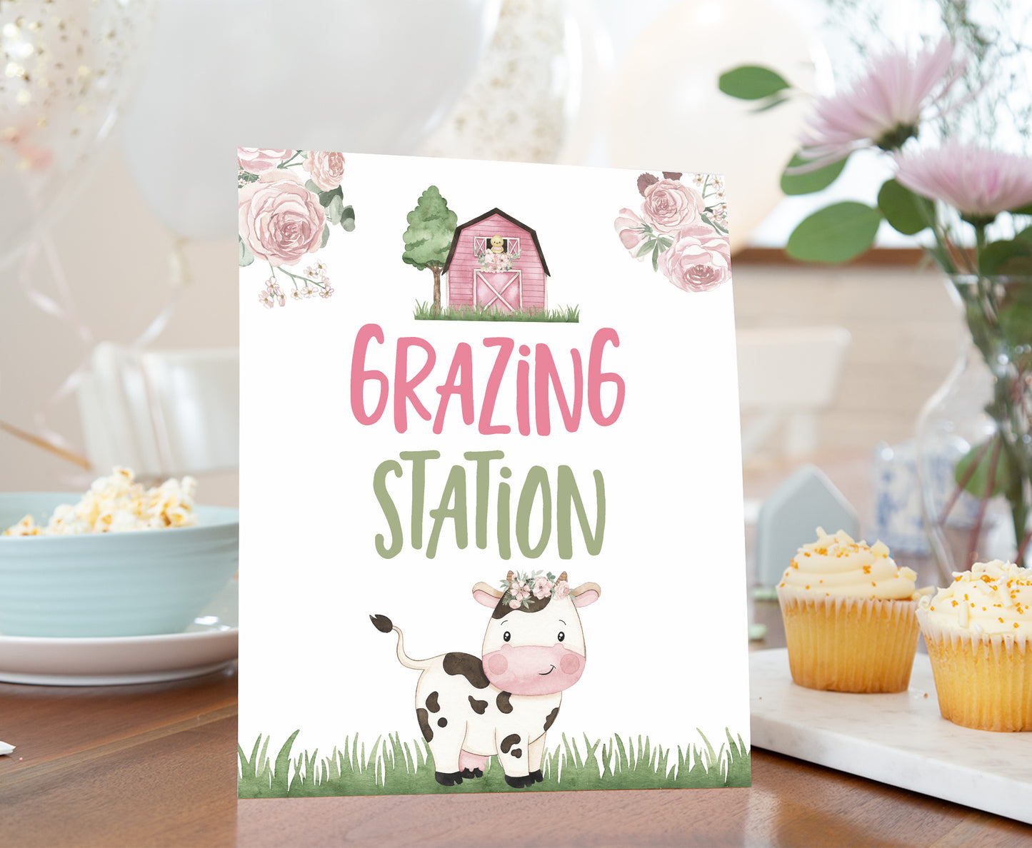 Cow Grazing Station Sign Printable | Girl Farm Party Table Decoration - 11A