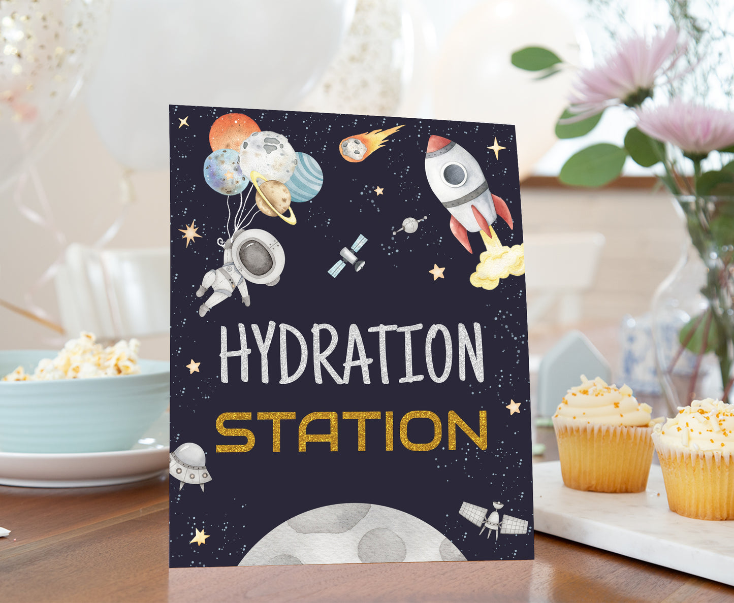 Space Hydration Station Sign | AstronautThemed Party Table Decorations - 39C