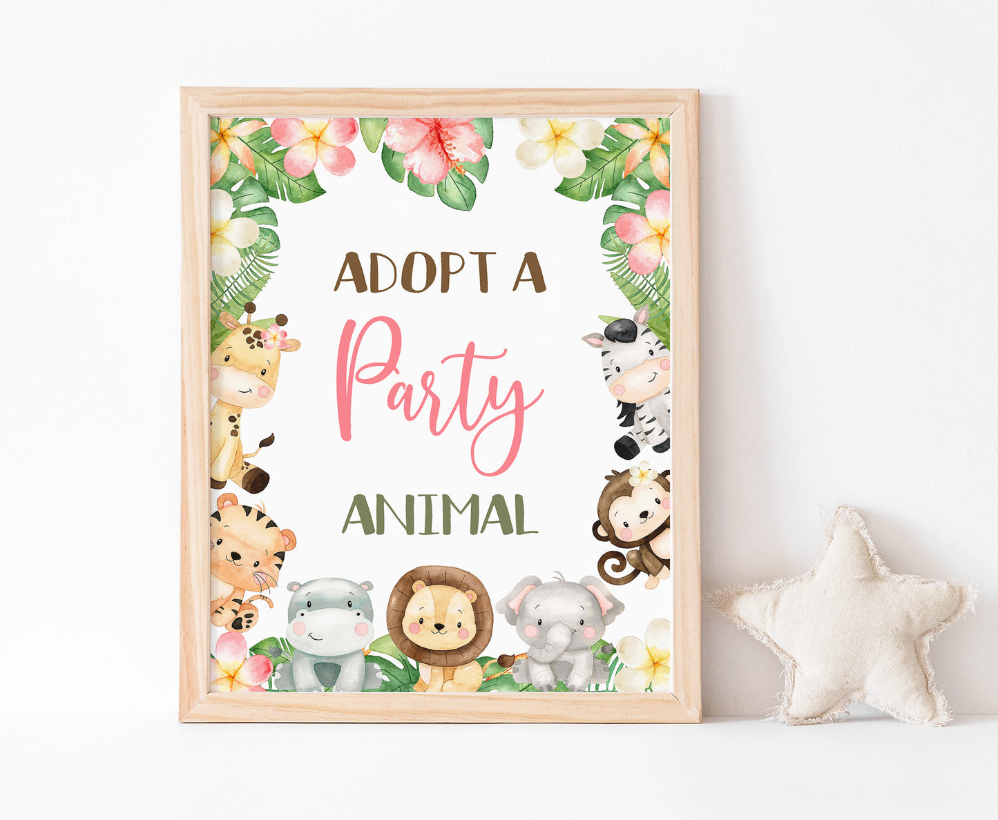 Safari Adopt an Animal Sign | Girl Jungle Animals Party Table Decorations - 35E