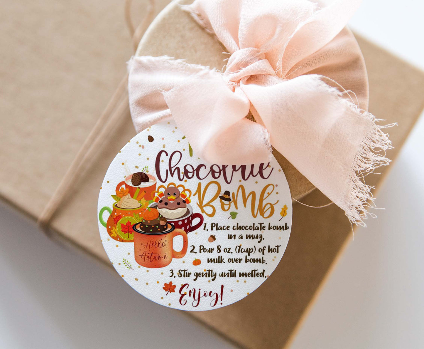 Turkey Hot Chocolate Bomb Instructions Tags 2"x2" | Fall Gift Tags- 118