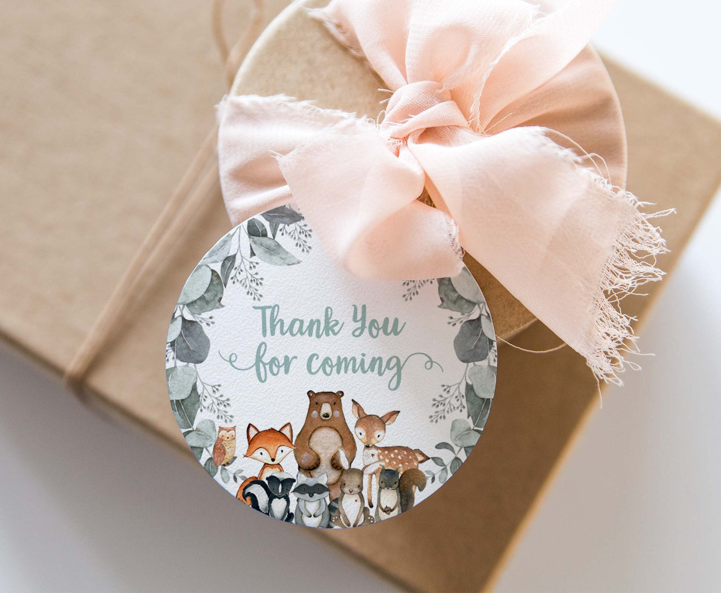 Greenery Woodland Thank You Tags 2"x2" | Woodland Animals Party Decorations - 47J1