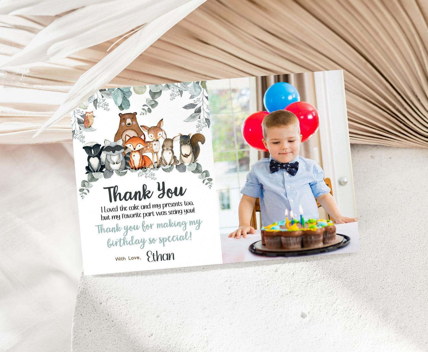 Greenery Woodland Photo Thank You Card | Editable Forest Birthday Thank You Note - 47J1