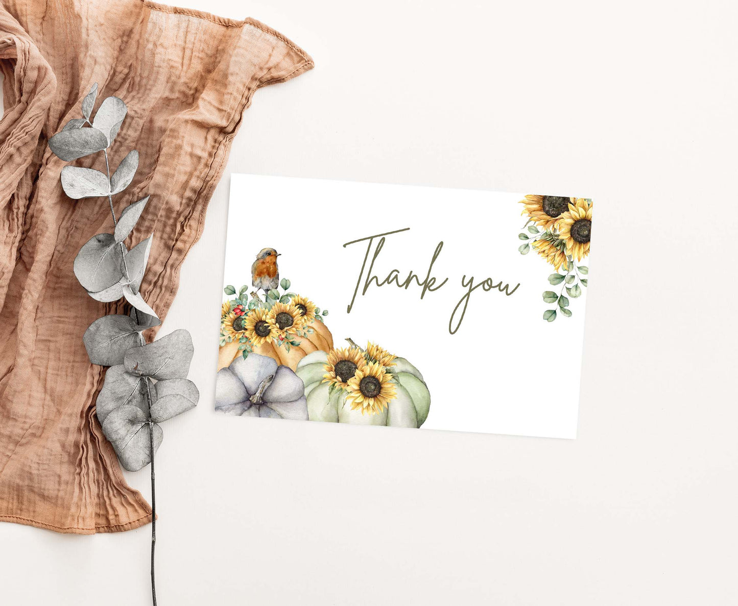 Sunflower Eucalyptus Pumpkin Thank You Card |  Fall Thank you note- 30