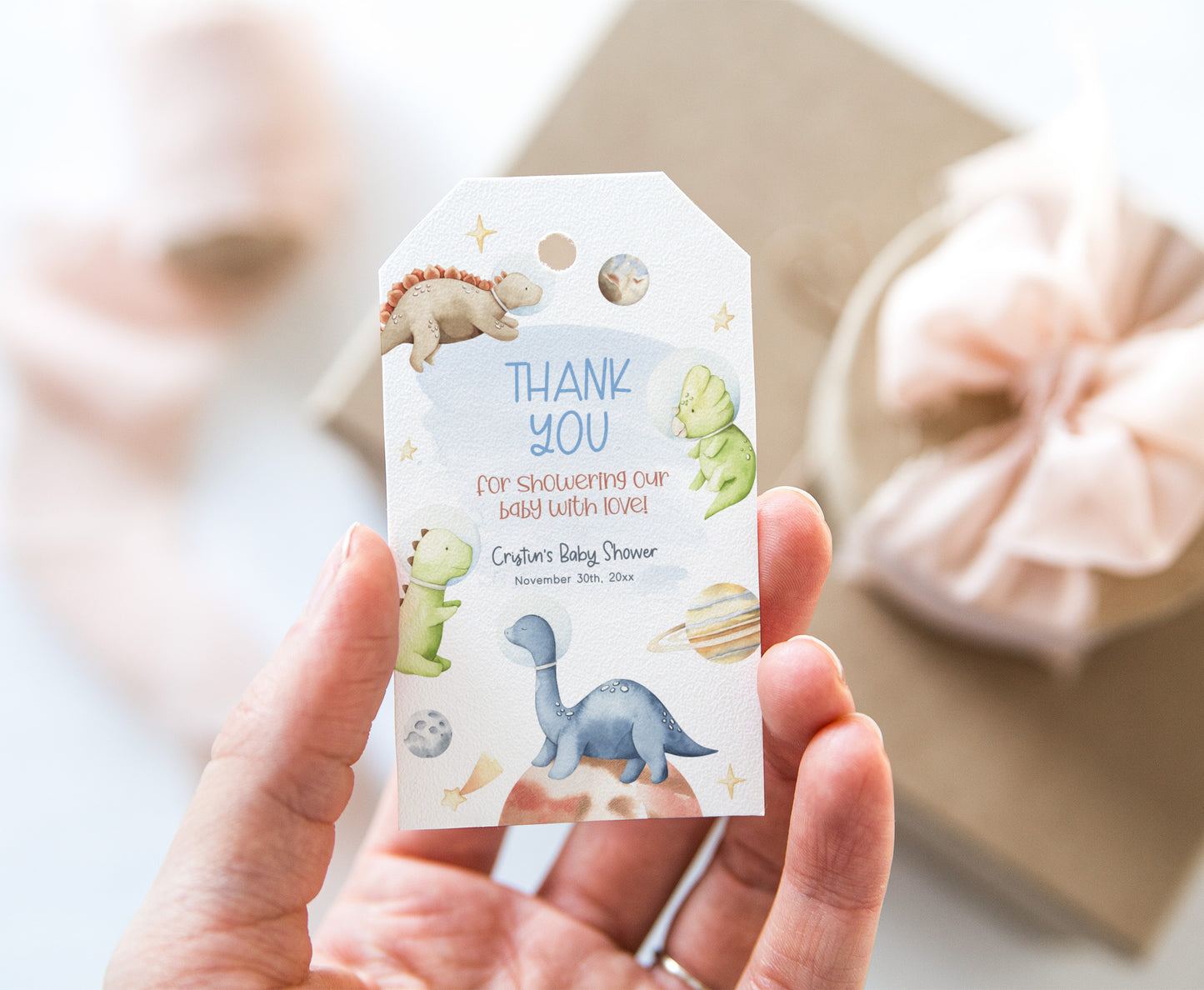 Editable Space Dinosaurs Thank You Tags | Astronaut Dino Baby Shower Decorations - 39D