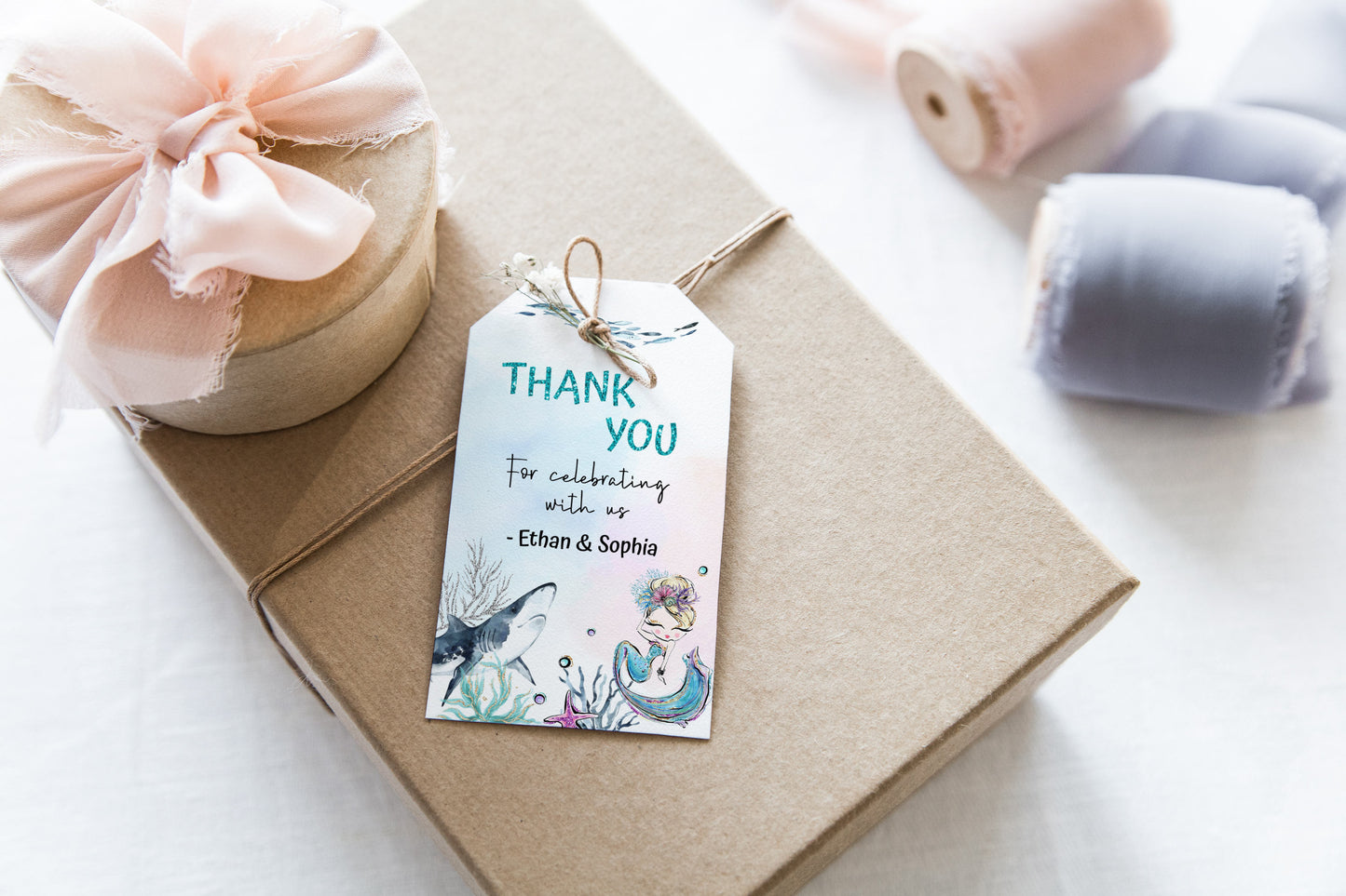 Mermaid and Shark Thank You Tags | Brother and Sister Birthday Tags - 20D1