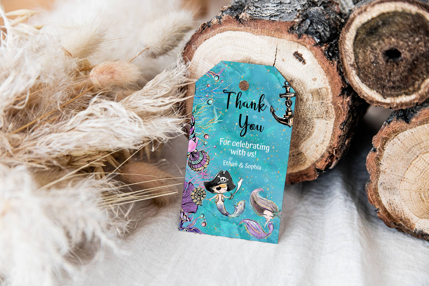Mermaid and Pirate Thank You Tags | Brother and Sister Birthday Party Decorations - 20A1