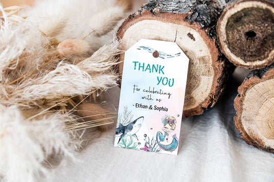 Mermaid and Shark Thank You Tags | Brother and Sister Birthday Tags - 20D1