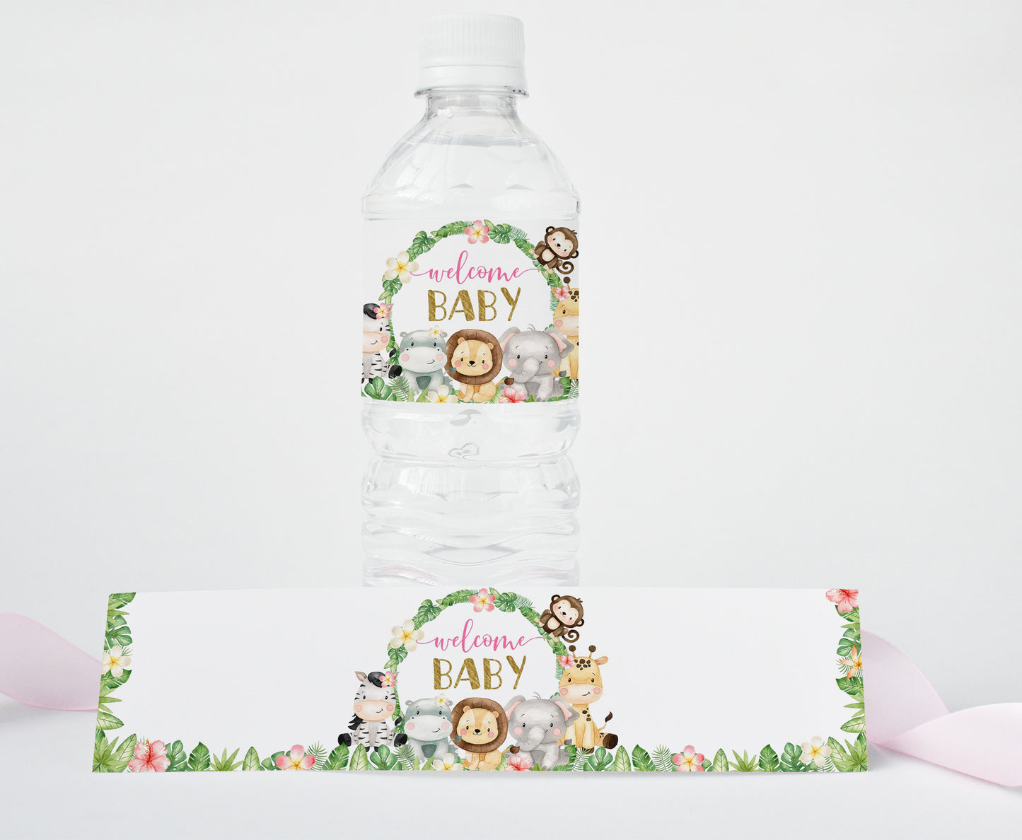 Welcome Baby Water Bottle Labels | Safari Girl Baby Shower Decorations - 35E