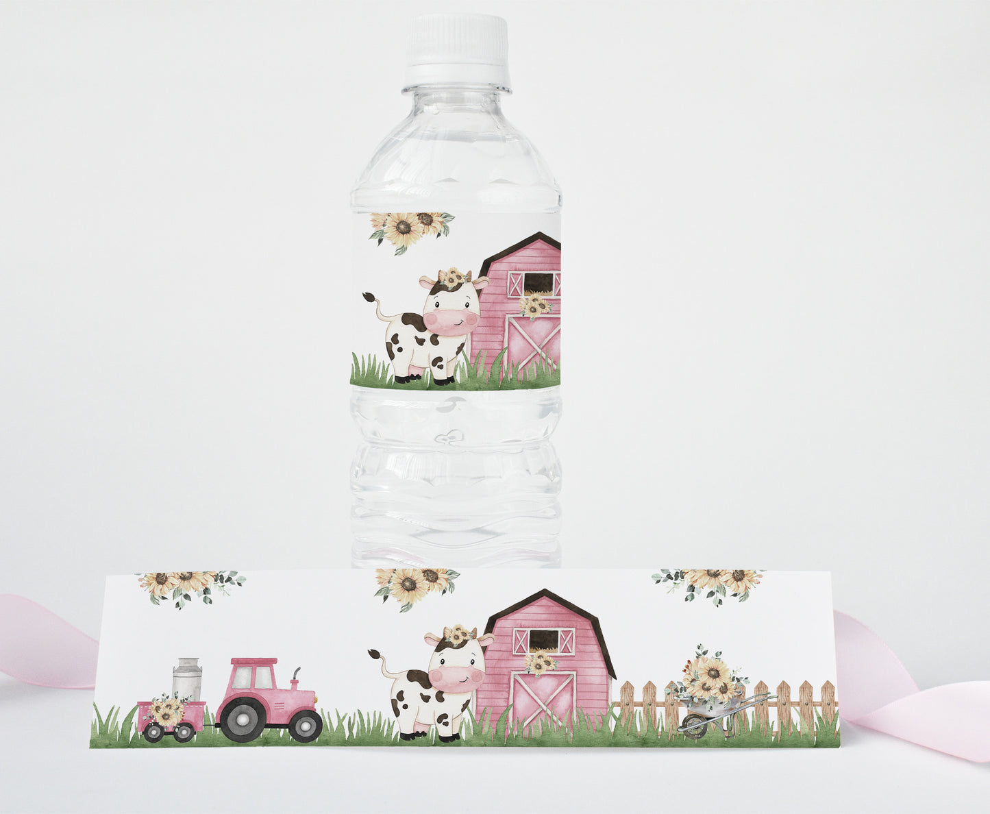 Sunflower Cow Water Bottle Labels | Girl Farm Themed Party Decorations - 11G