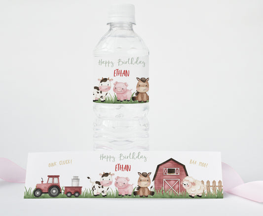 Editable Farm Water Bottle Label | Barnyard Birthday Decorations - 11A
