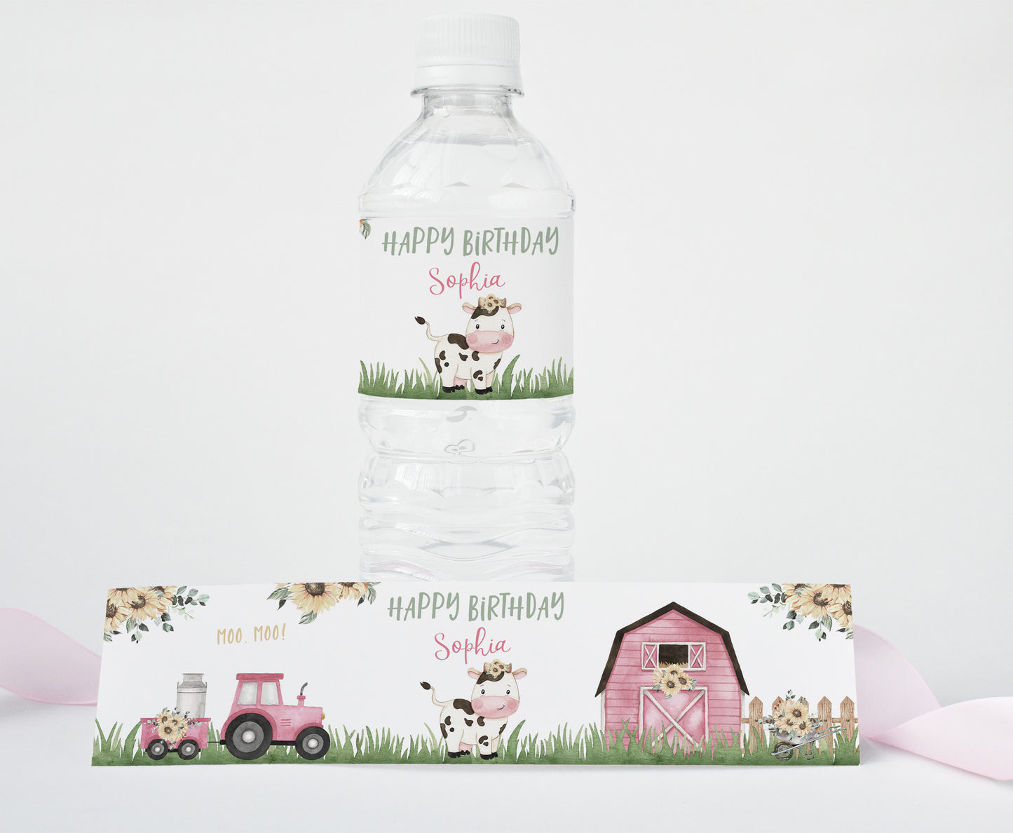Editable Sunflower Cow Water Bottle Label | Farm Girl Birthday Decorations - 11G