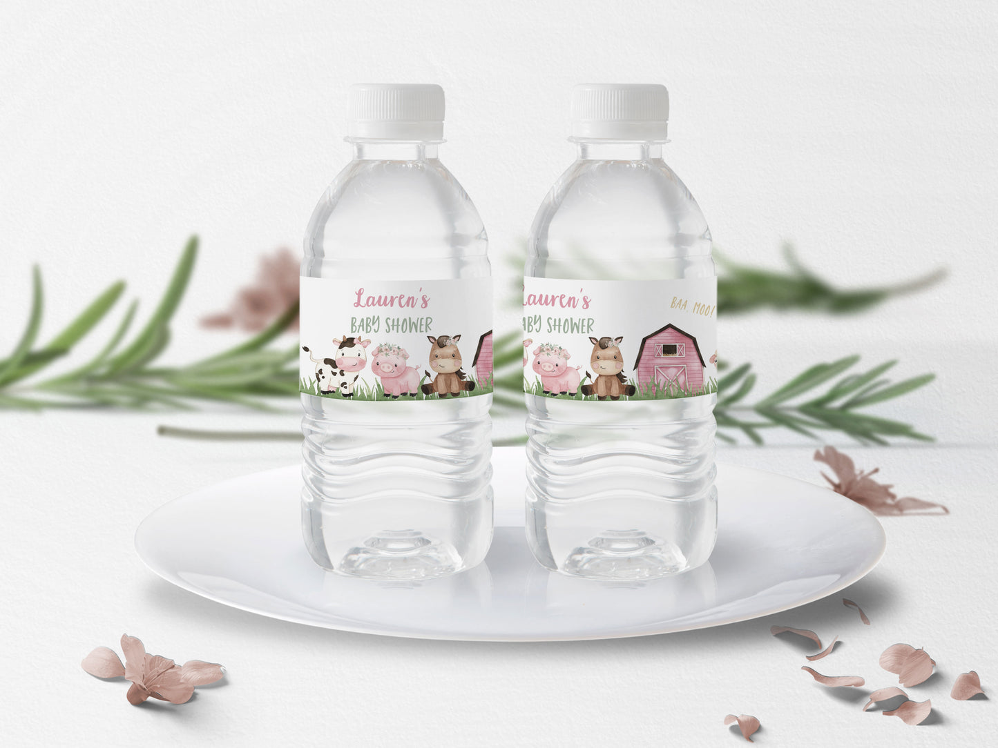 Editable farm water bottle label girl | Barnyard baby shower decorations - 11A