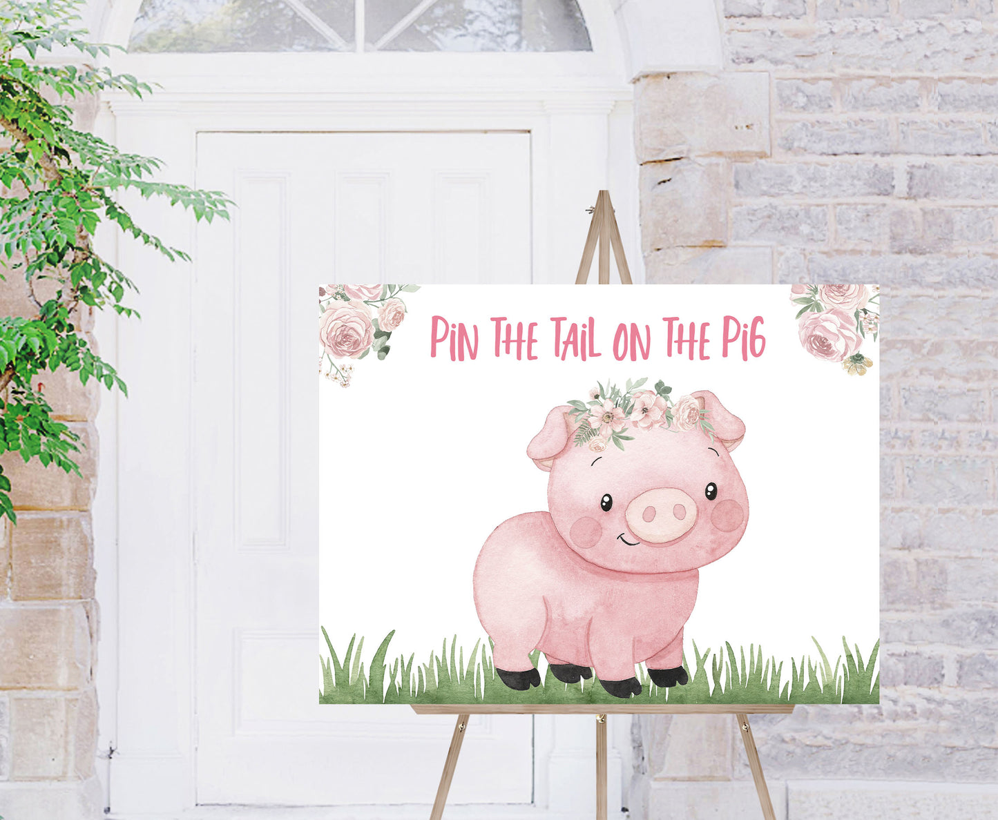 Floral Pin The Tail On The Pig | Girl Farm Birthday Party Game - 11A