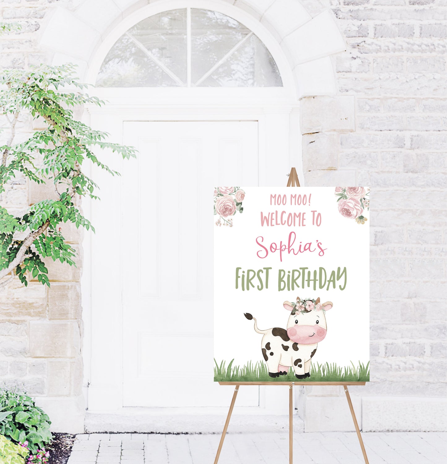 Girl Cow Welcome Sign | Floral Farm Birthday Party Decoration - 11A