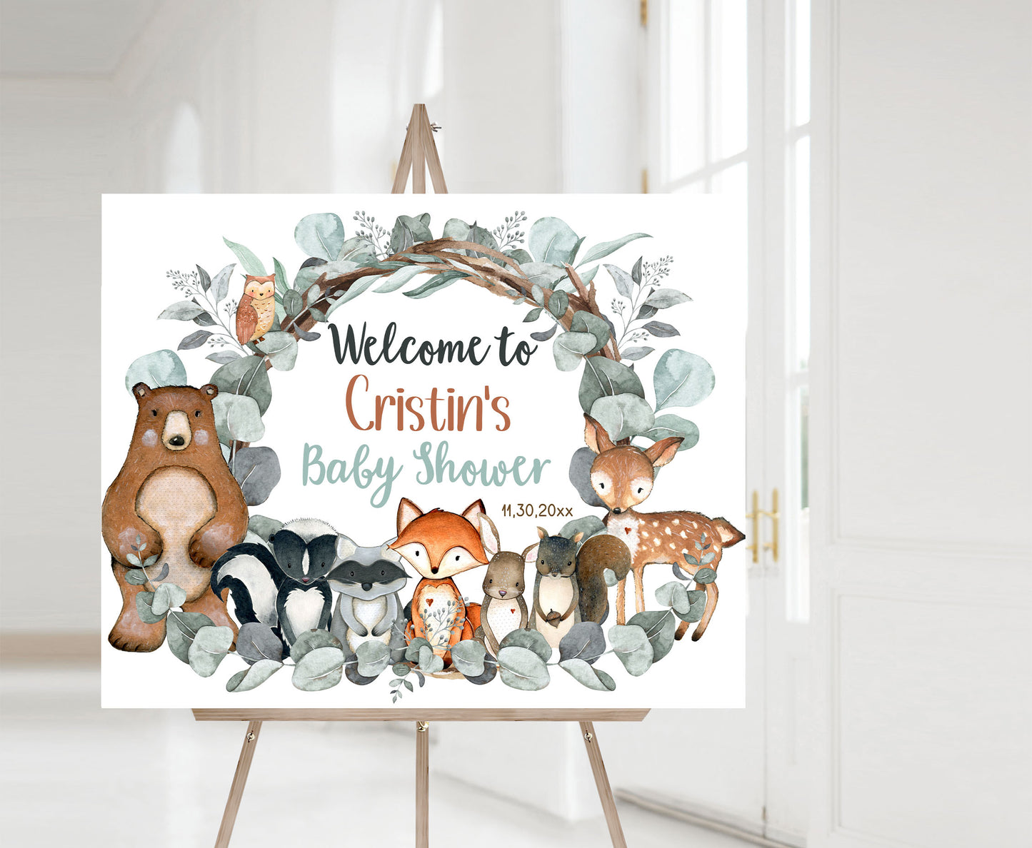 Editable Woodland Greenery Welcome Sign | Woodland Baby shower decorations - 47J1