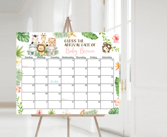 Editable Girl Safari Due Date Calendar | Floral Jungle Animals Baby Shower Game - 35E