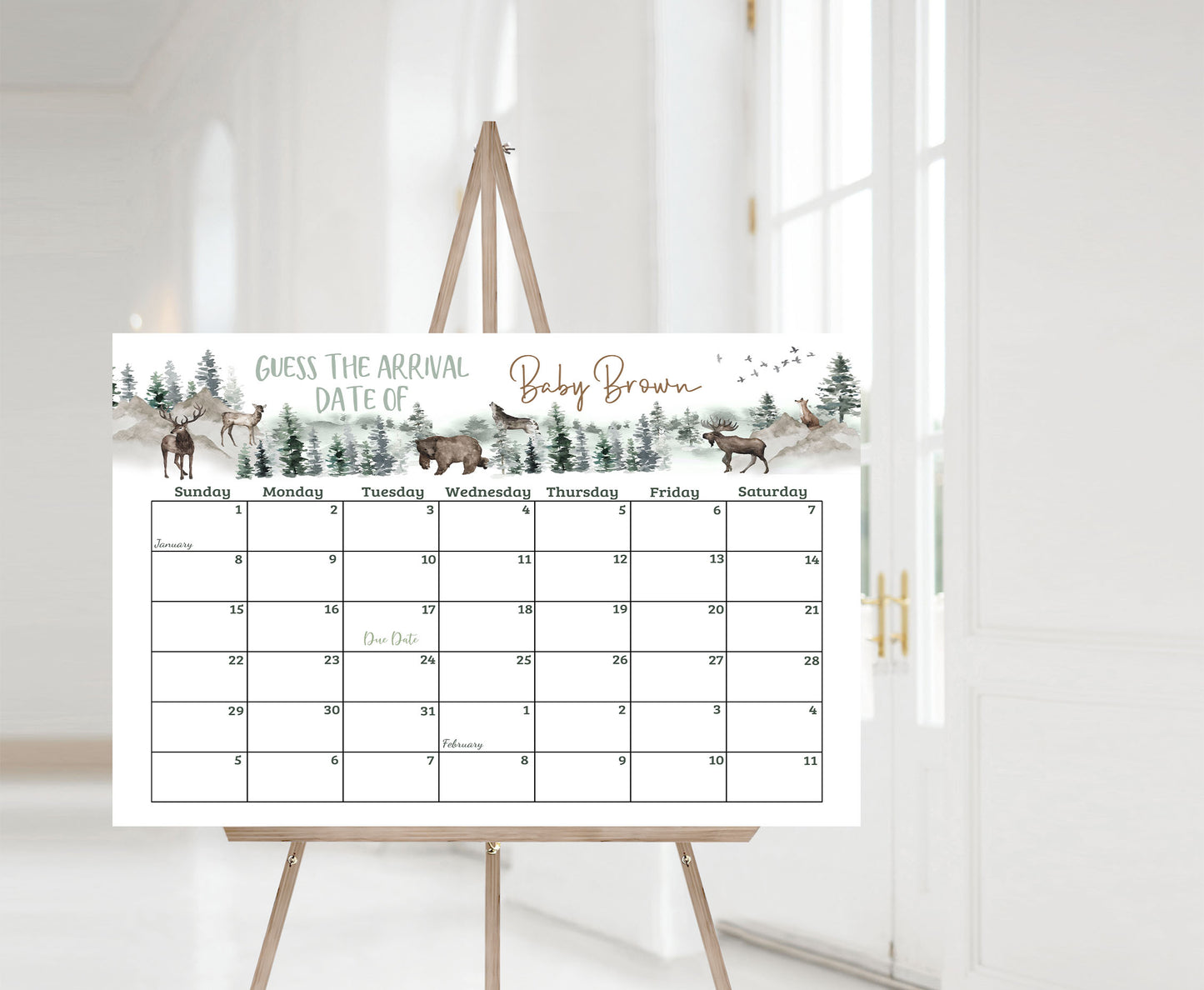 Forest Due Date Calendar | Editable Woodland Baby Shower Game - 47H
