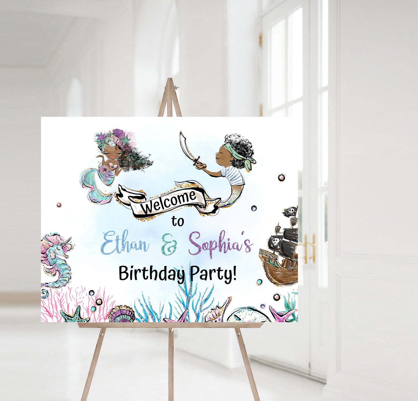 Editable Pirate and Mermaid Birthday Welcome Sign - 20A1