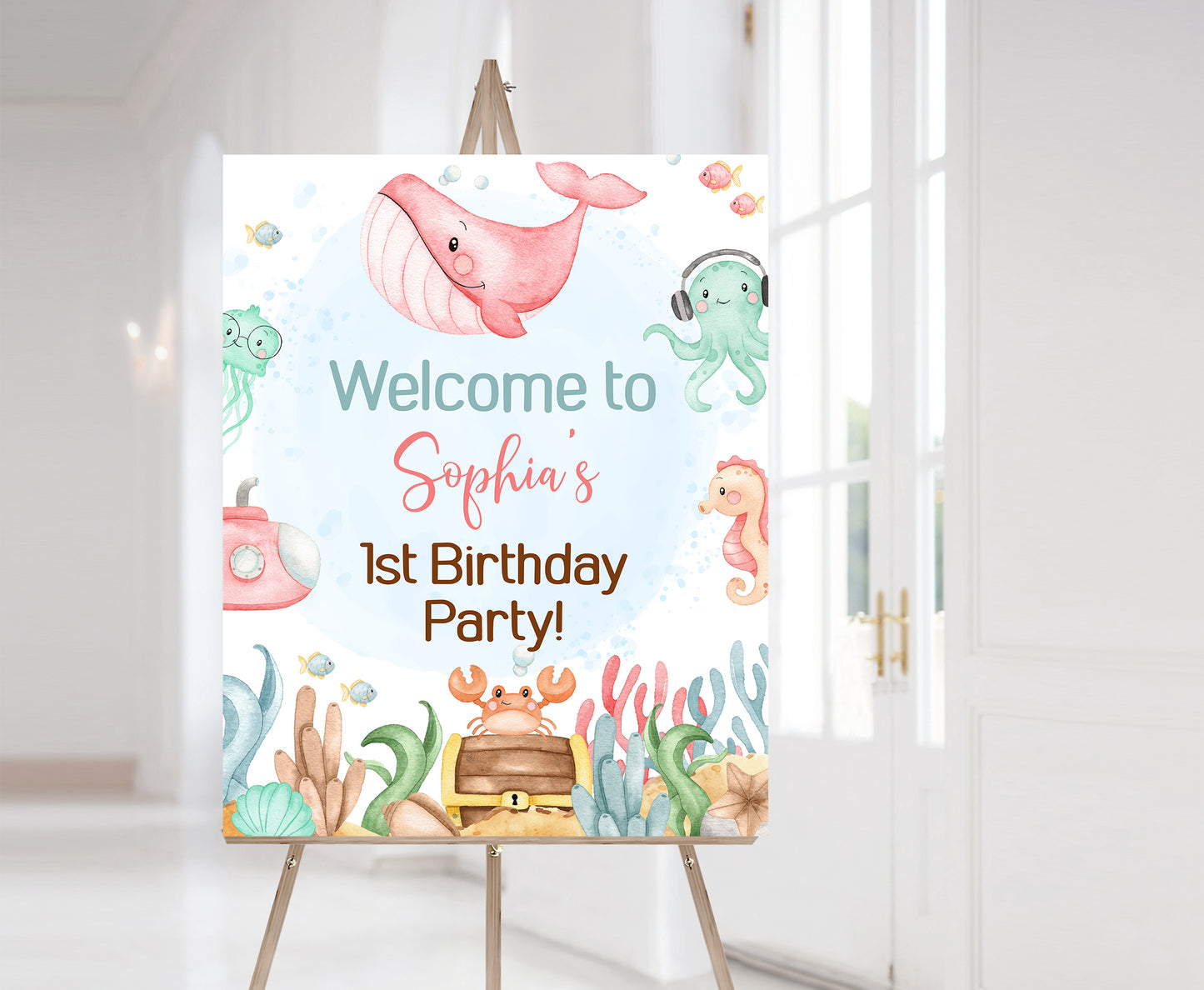 Editable Under the Sea welcome Sign | Girl Ocean Birthday Party Decorations - 44A