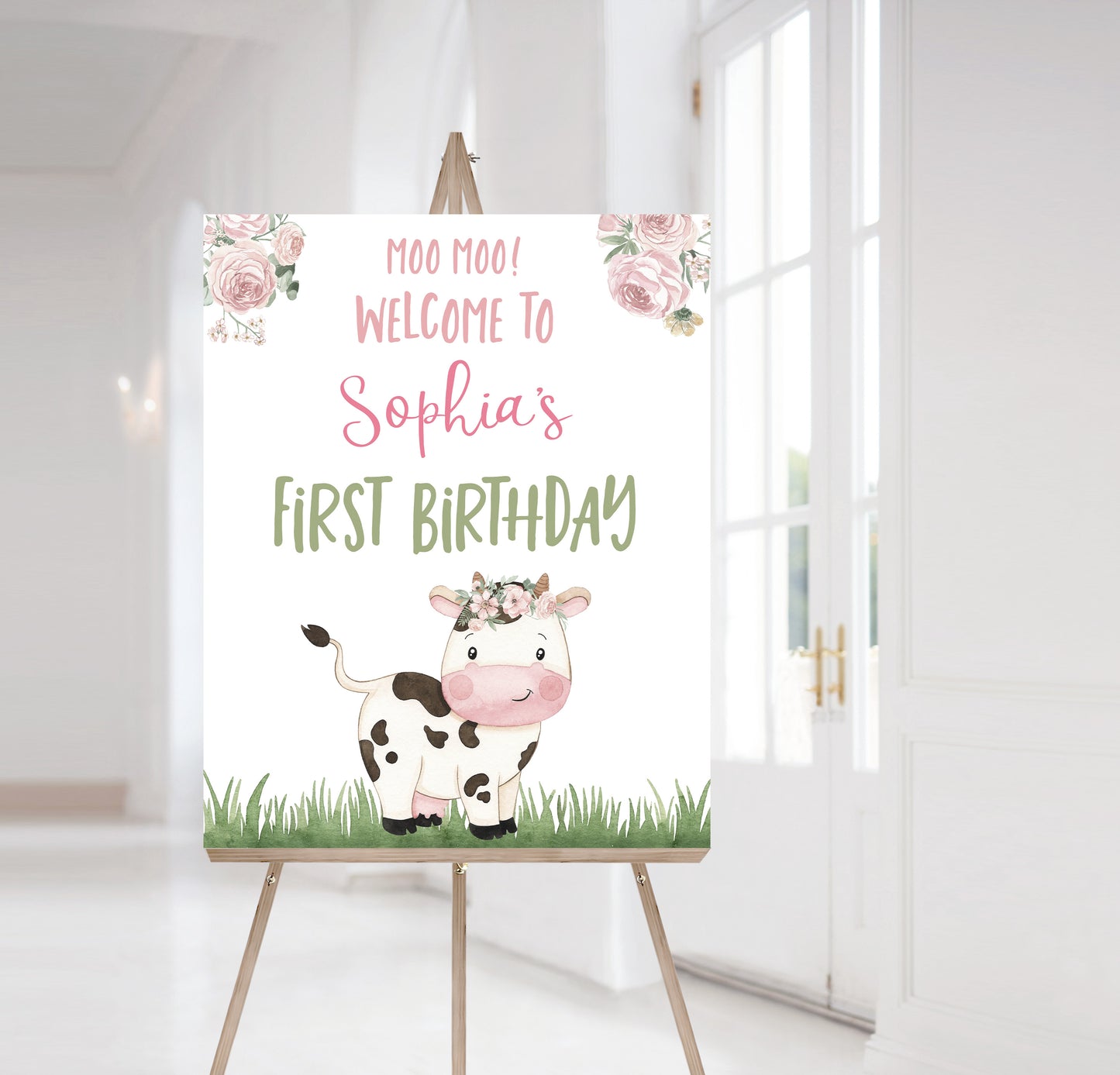 Girl Cow Welcome Sign | Floral Farm Birthday Party Decoration - 11A