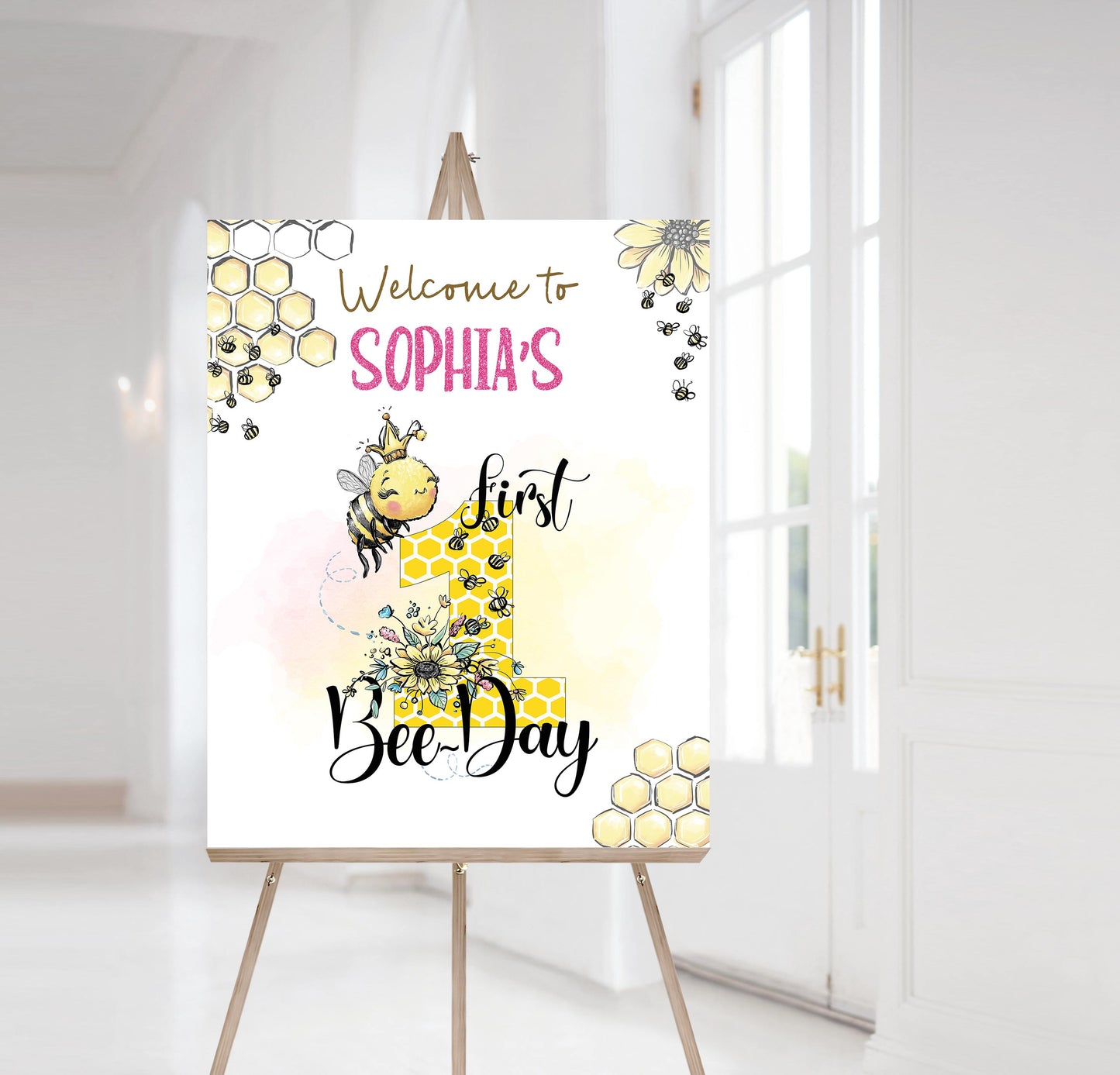 1st Bee Day Welcome Sign | Bumble Bee Birthday Party Printables - 61A
