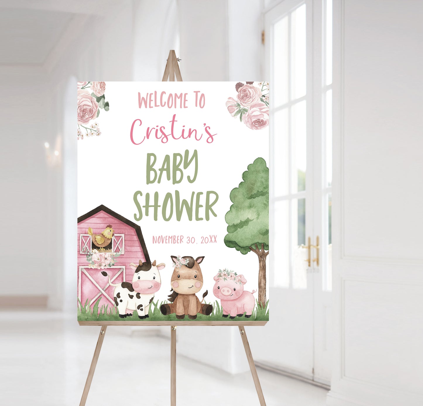 Floral Farm Baby Shower Sign | Editable Girl Barnyard Baby Shower Decorations - 11A