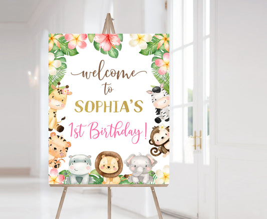 Floral Safari Welcome Sign Birthday | Jungle Theme Party Decorations - 35E