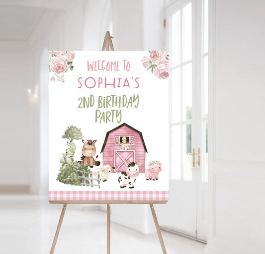 Floral Farm Welcome Sign | Editable Girl Barnyard Birthday Party Decorations - 11A