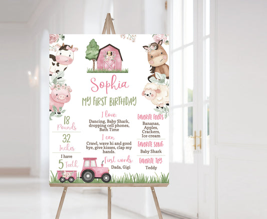 Editable Girl Farm Milestone Poster | Pink Barnyard 1st Birthday Decorations - 11A