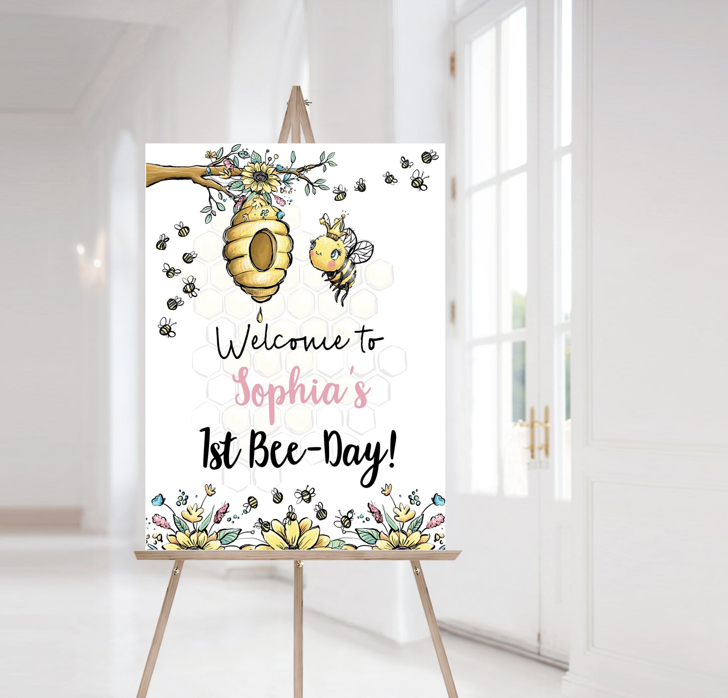 Editable Bee First Birthday Welcome Sign | Bumble Bee theme party decorations - 61A