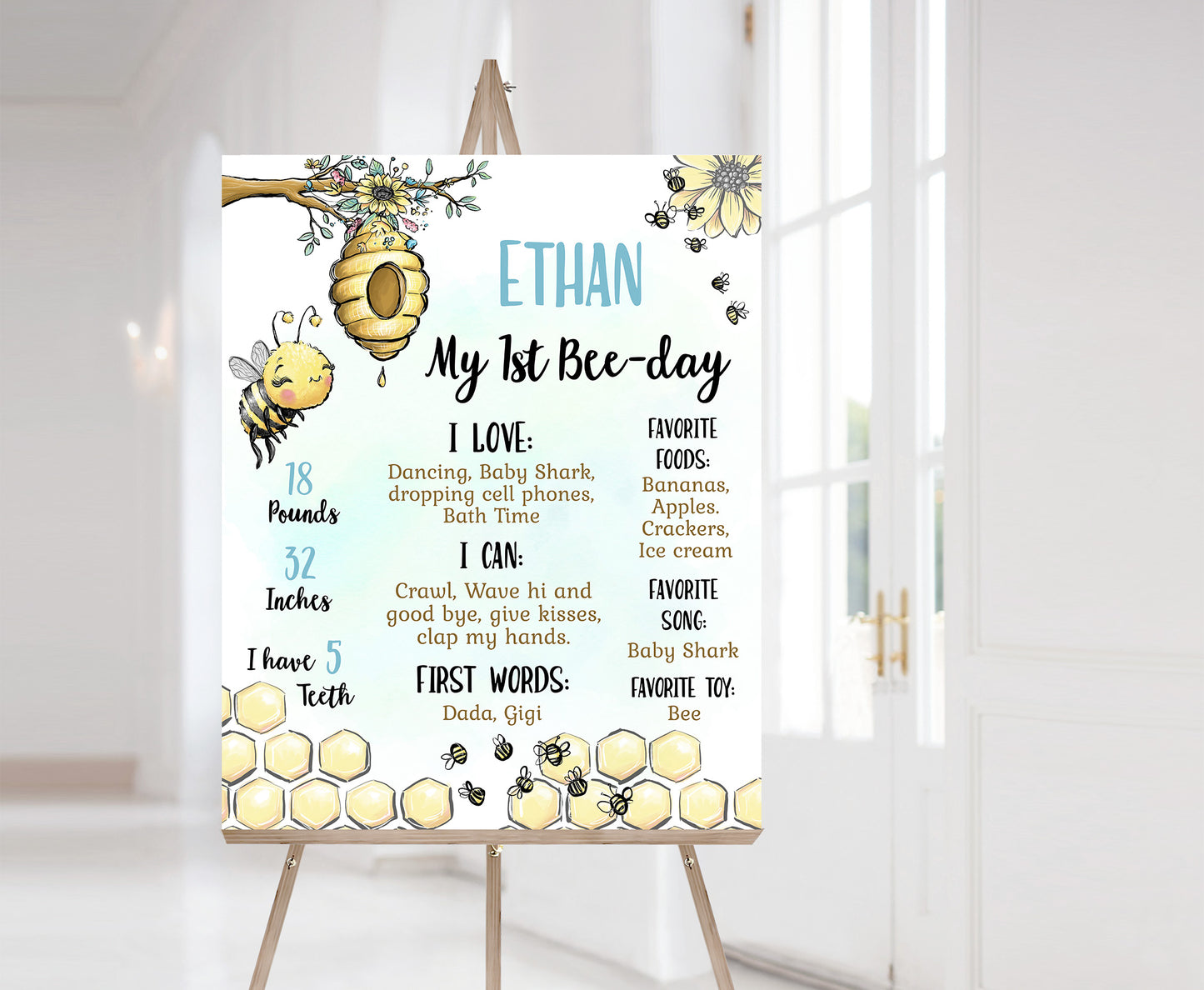 Editable Bee Milestone Poster BOY | Bumble Bee 1st Birthday Decorations - 61A