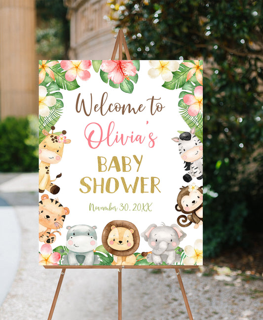 Floral Safari Baby Shower Welcome Sign | Jungle Theme Baby Shower Decorations - 35E