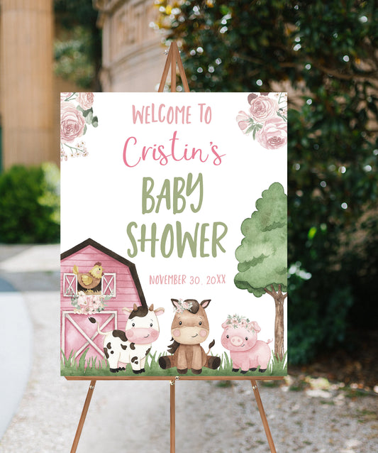 Floral Farm Baby Shower Sign | Editable Girl Barnyard Baby Shower Decorations - 11A