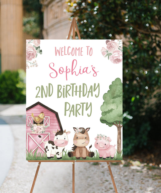 Floral Farm Birthday Welcome Sign | Editable Girl Barnyard Party Decorations - 11A