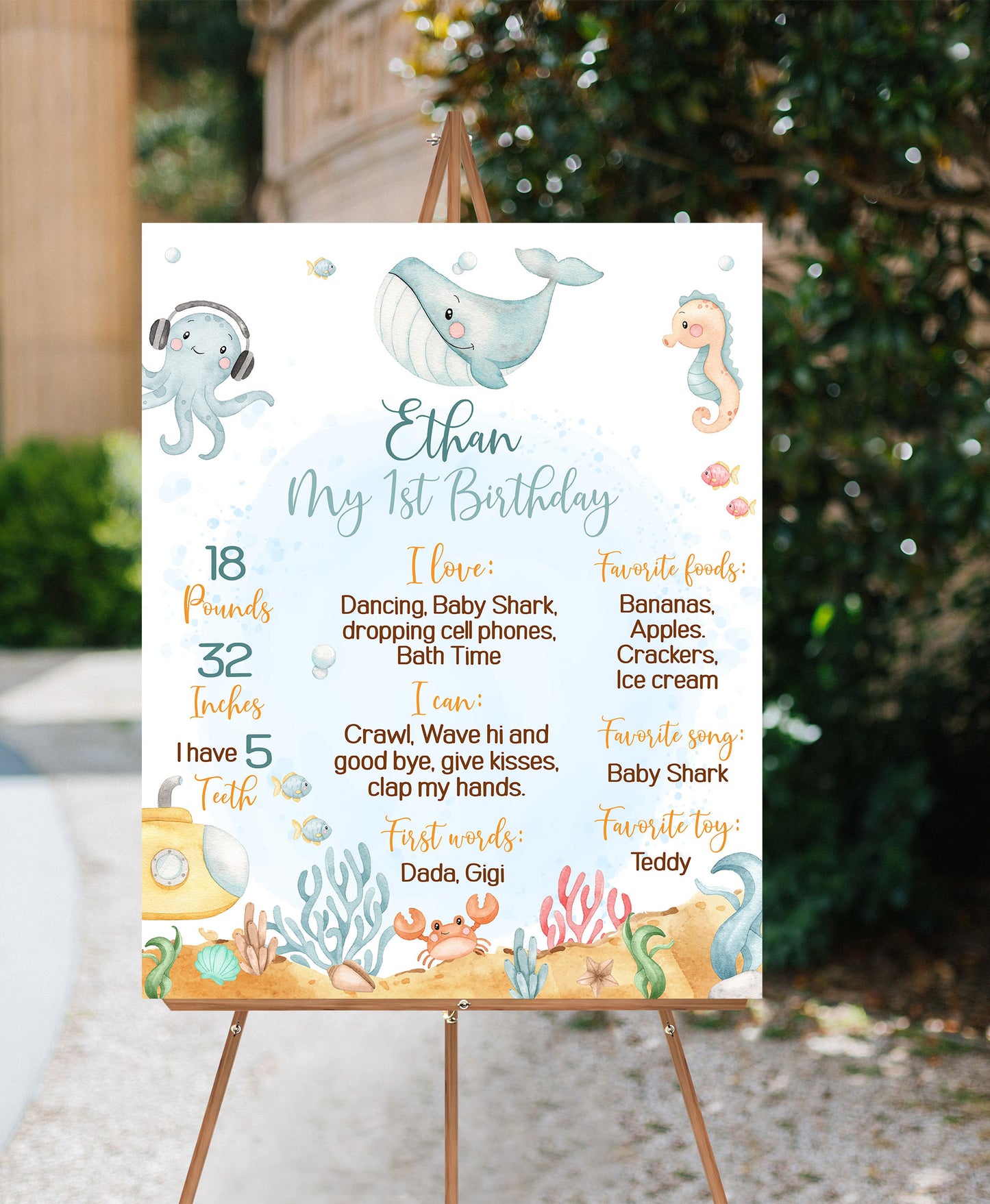 Editable Under The Sea Milestone Poster | Ocean 1st Birthday Party Decorations - 44A