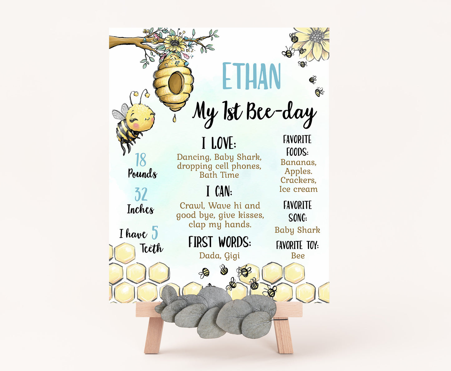 Editable Bee Milestone Poster BOY | Bumble Bee 1st Birthday Decorations - 61A