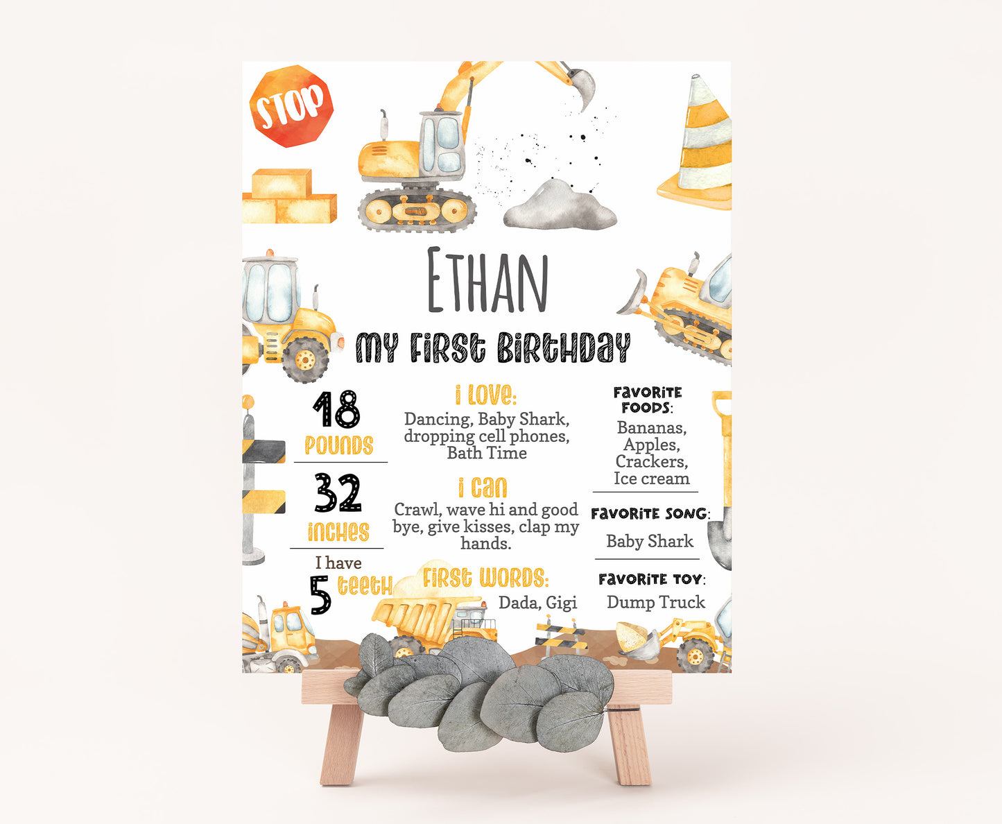 Editable Construction Milestone Poster | Dump Truck 1st Birthday Decorations - 07A