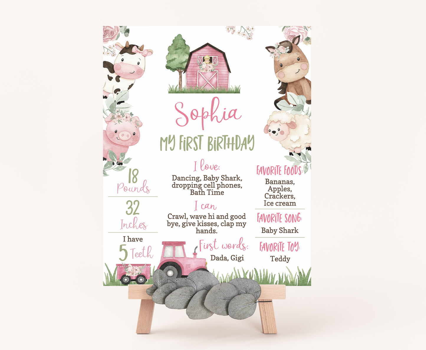 Editable Girl Farm Milestone Poster | Pink Barnyard 1st Birthday Decorations - 11A