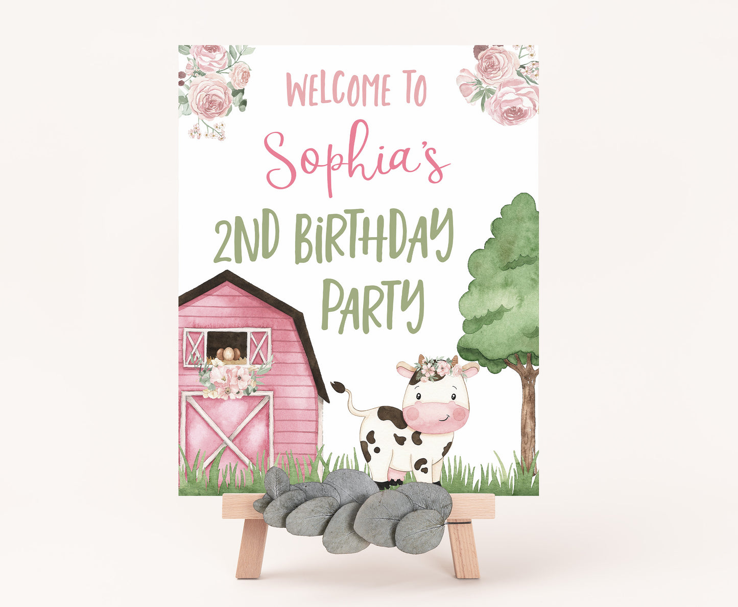 Floral cow Birthday Welcome Sign | Girl Barnyard Party Decorations - 11A