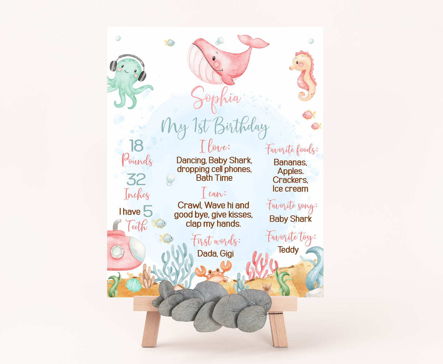 Editable Girl Under The Sea Milestone Poster | Ocean 1st Birthday Party Decorations - 44A