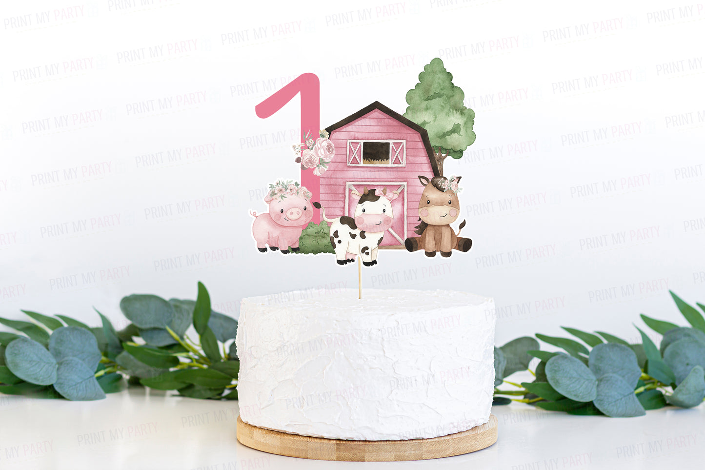 Girl Farm Cake topper | Pink Barnyard 1st Birthday Party Decorations - 11A