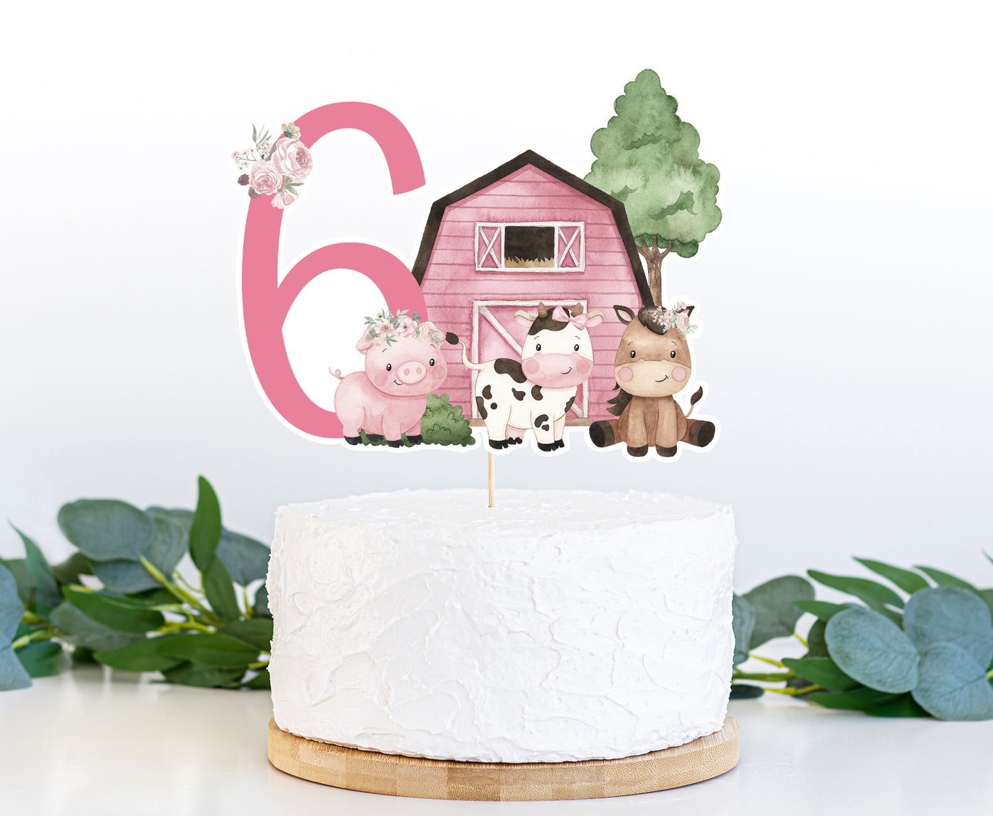Girl Farm Cake topper 6 | Pink Barnyard Sixth Birthday Party Decorations - 11A