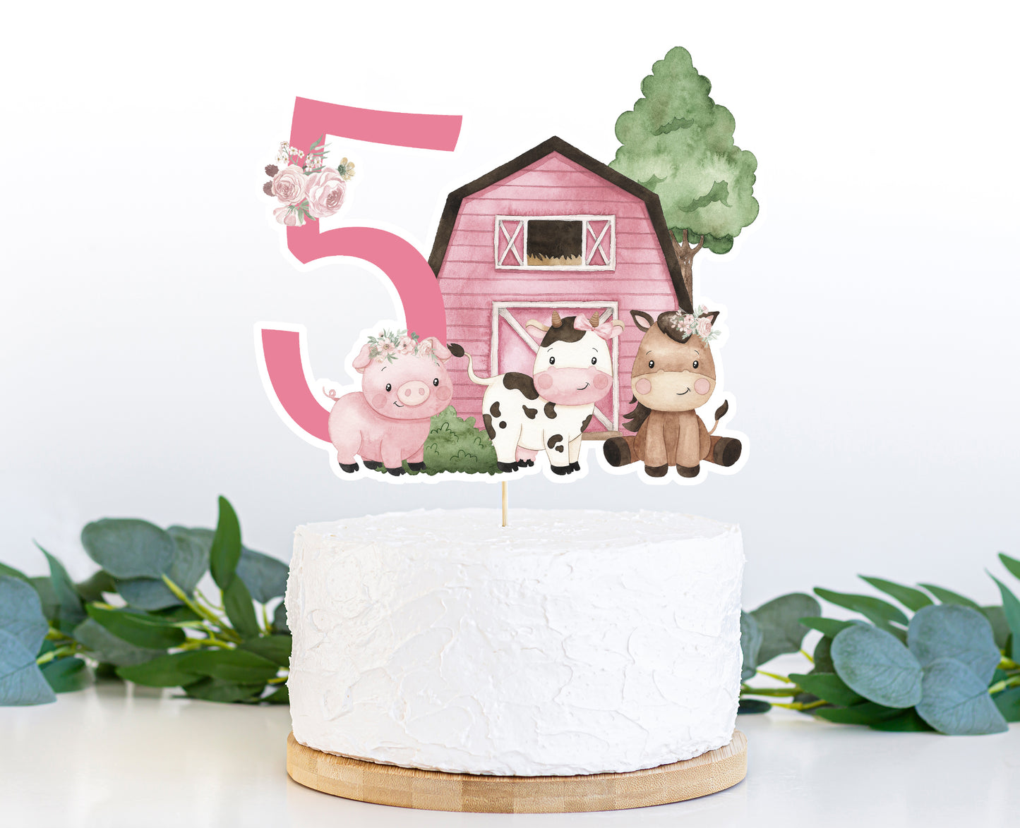 Girl Farm Cake topper 5 | Pink Barnyard Fifth Birthday Party Decorations - 11A