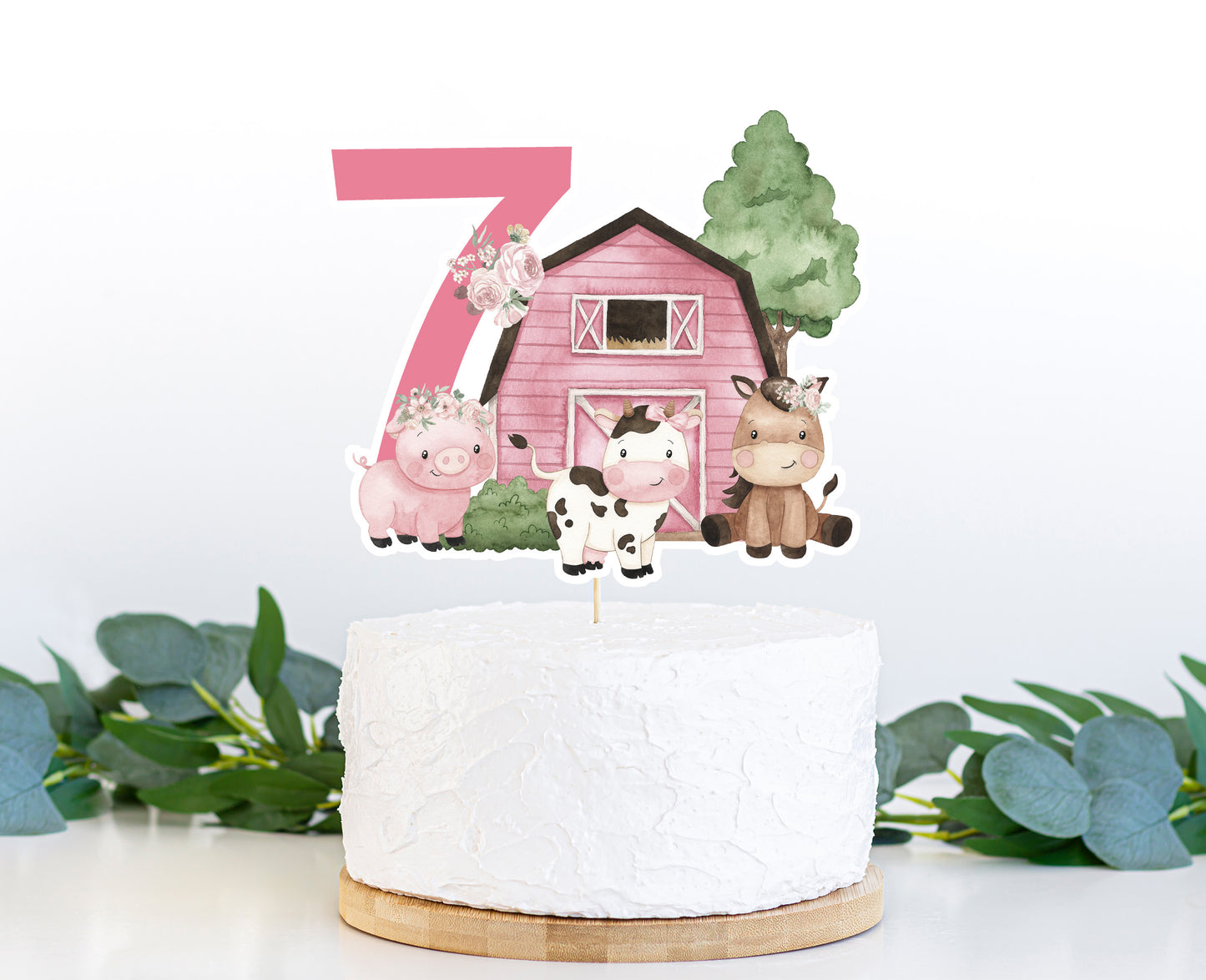Girl farm Cake topper 7 | Pink Barnyard 7th Birthday Party Decorations - 11A