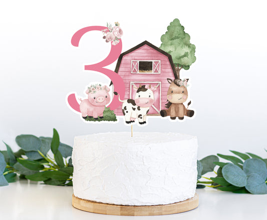 Girl Farm Cake topper 3 | Pink Barnyard Third Birthday Party Decorations - 11A