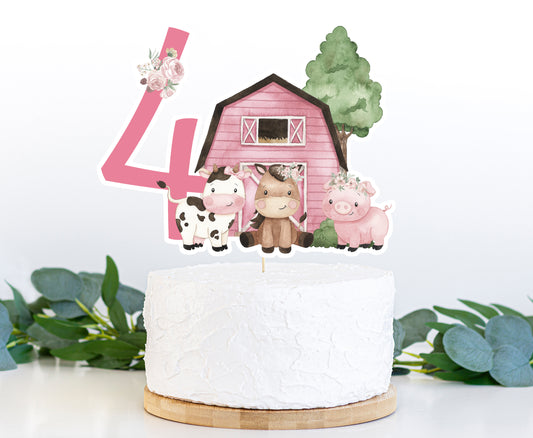 Girl Farm Cake topper 4 | Pink Barnyard Fourth Birthday Party Decorations - 11A