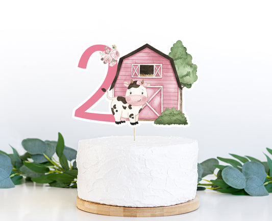 Cow Cake topper 2 | Pink Barnyard 2nd Birthday Party Decorations - 11A