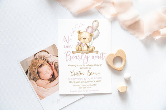 Pink Teddy Bear baby shower invitation | Editable Girl Baby Shower Invite - 76A