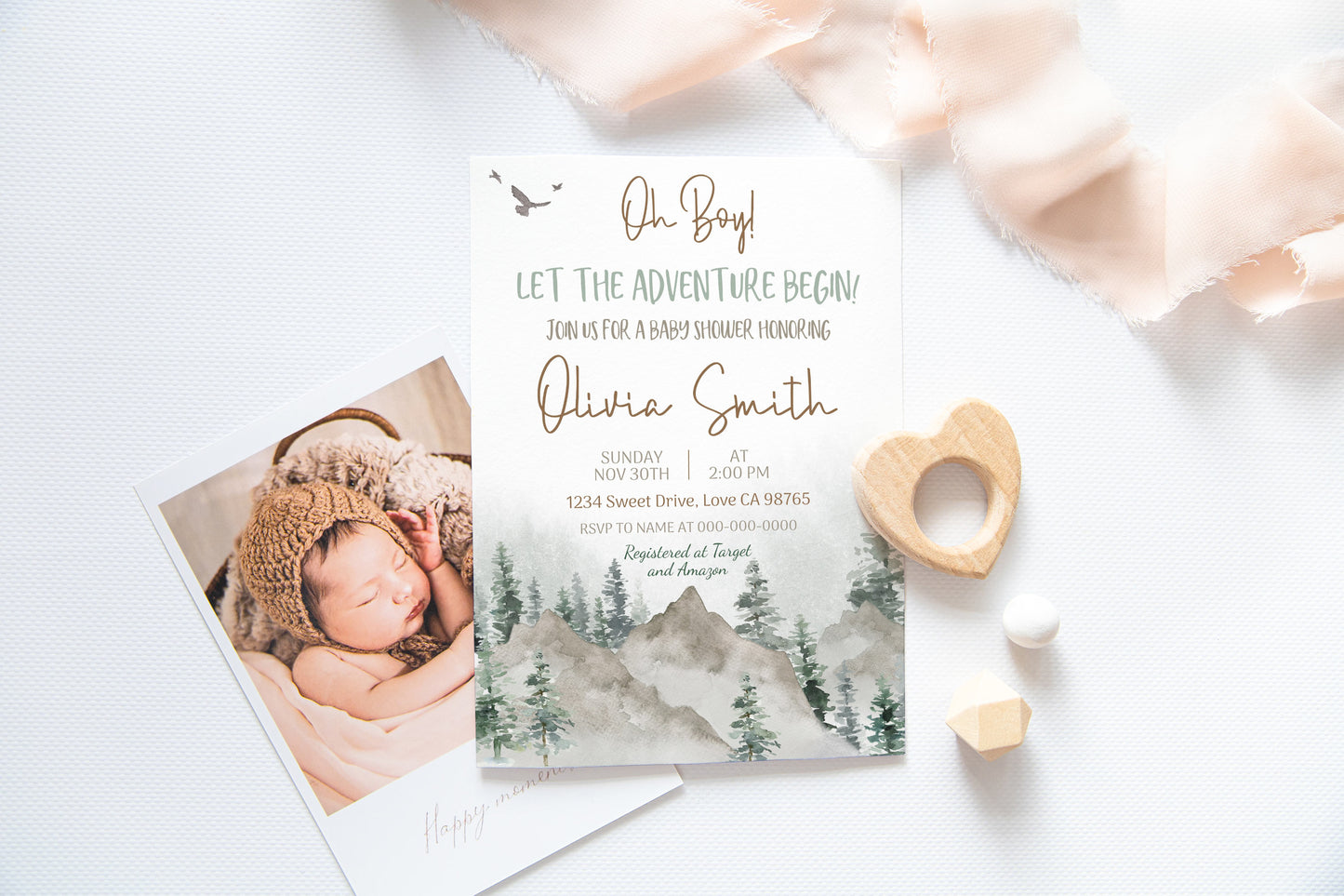 Let The Adventure Begin Invitation | Editable Mountains Baby Shower Invite - 47H