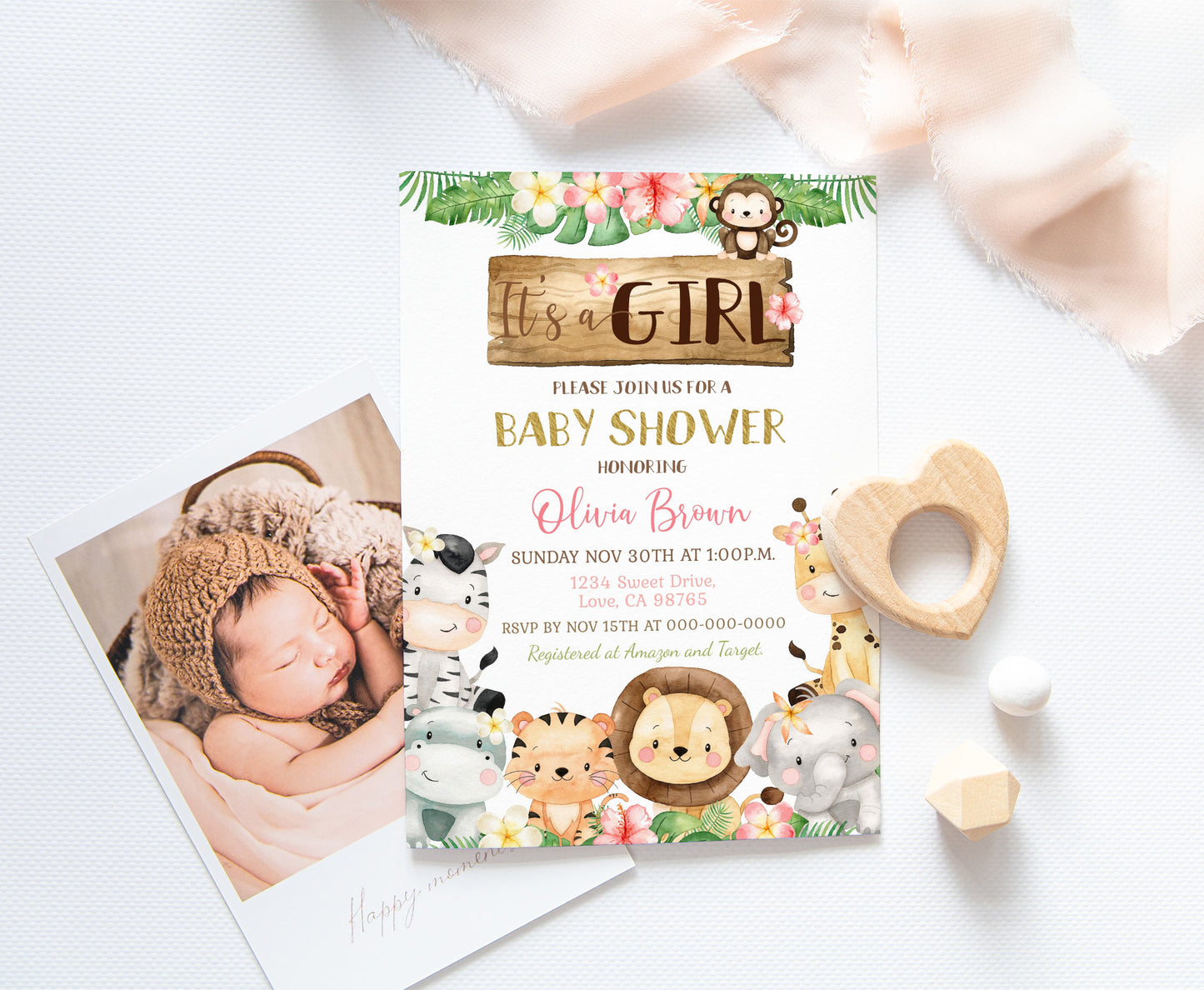 Floral Safari Baby Shower Invitation | Editable Jungle It's a Girl Baby Shower Invite - 35E